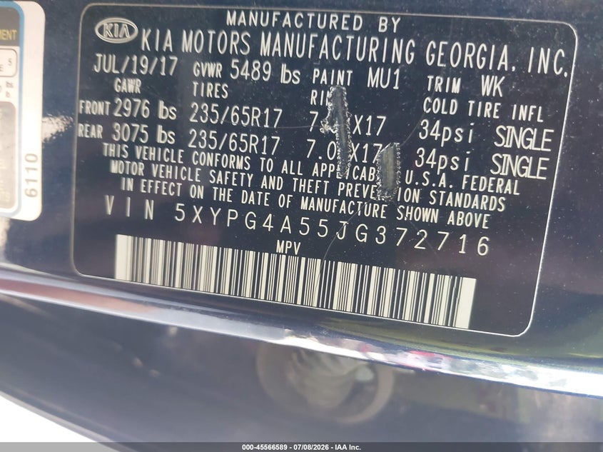2018 Kia Sorento VIN 5XYPG4A55JG372716 IAAI salvage auction — NORMAL WEAR, Clear (Indiana), sold $1,200 on 2026-07-22 (photo 9)