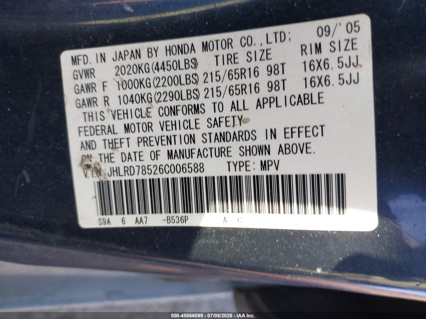 2006 Honda Cr-v VIN JHLRD78526C006588 IAAI salvage auction — LEFT SIDE, Salvage (Pennsylvania), sold $925 on 2026-07-24 (photo 9)