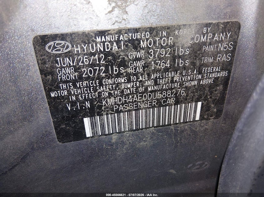 2013 Hyundai Elantra VIN KMHDH4AE0DU588276 IAAI salvage auction — WATER/FLOOD, Salvage Title, sold $225 on 2026-07-31 (photo 9)