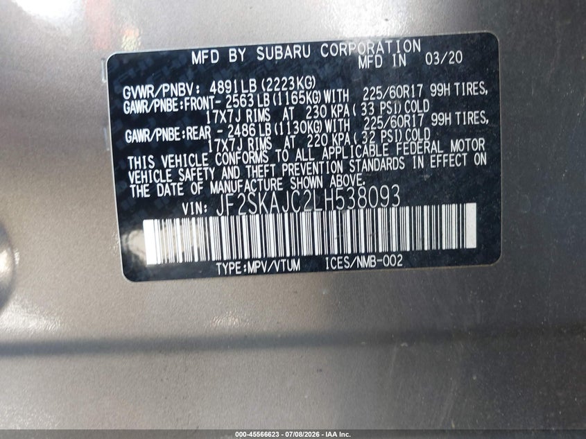 2020 Subaru Forester VIN JF2SKAJC2LH538093 IAAI salvage auction — REAR END, Salvage (California), sold $3,700 on 2026-07-29 (photo 9)