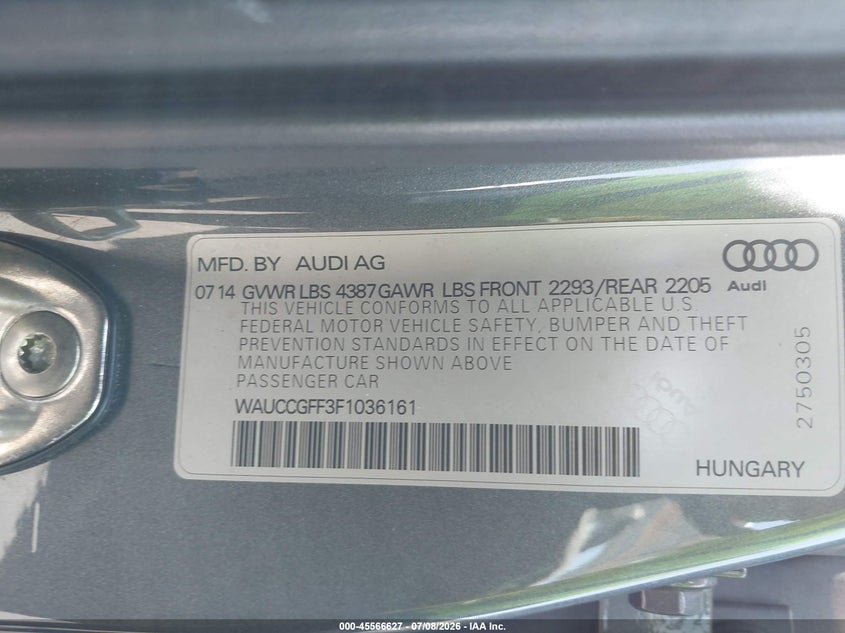 2015 Audi A3 VIN WAUCCGFF3F1036161 IAAI salvage auction — LEFT REAR, Salvage Certificate (California), sold $3,050 on 2026-07-10 (photo 9)