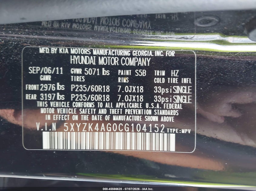 2012 Hyundai Santa fe VIN 5XYZK4AG0CG104152 IAAI salvage auction — LEFT REAR, Rebuildable (Florida), sold $1,400 on 2026-07-30 (photo 9)