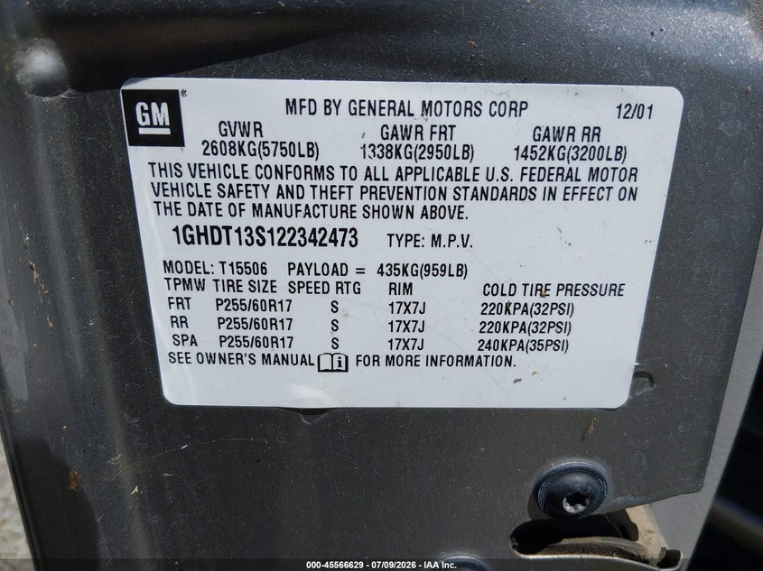 2002 Oldsmobile Bravada VIN 1GHDT13S122342473 IAAI salvage auction — NORMAL WEAR, Clear - Public Restricted (Oregon), sold $25 on 2026-07-13 (photo 9)
