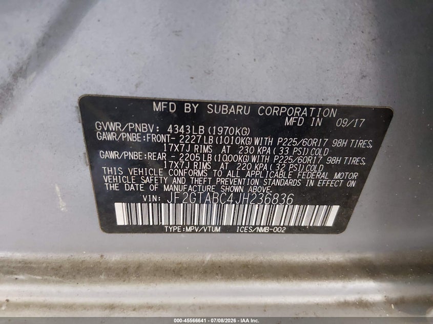 2018 Subaru Xv VIN JF2GTABC4JH236836 IAAI salvage auction — ALL OVER, Salvage (Georgia), sold $4,925 on 2026-07-31 (photo 9)
