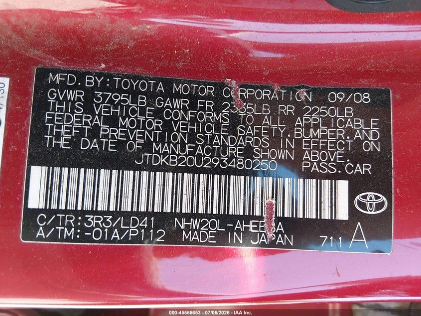 2009 Toyota Prius VIN JTDKB20U293480250 IAAI salvage auction — NORMAL WEAR, Clear - Dealer Only (California), sold $550 on 2026-07-29 (photo 9)