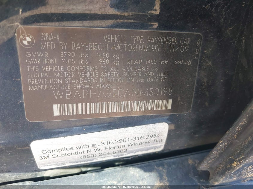 2010 BMW 3 series VIN WBAPH7G50ANM50198 IAAI salvage auction — FRONT & REAR, Original (Texas), sold $225 on 2026-07-29 (photo 9)
