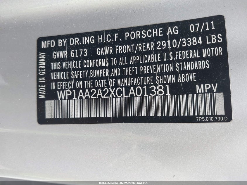 2012 Porsche Cayenne VIN WP1AA2A2XCLA01381 IAAI salvage auction — SIDE, Salvage (Connecticut), sold $1,650 on 2026-07-25 (photo 9)