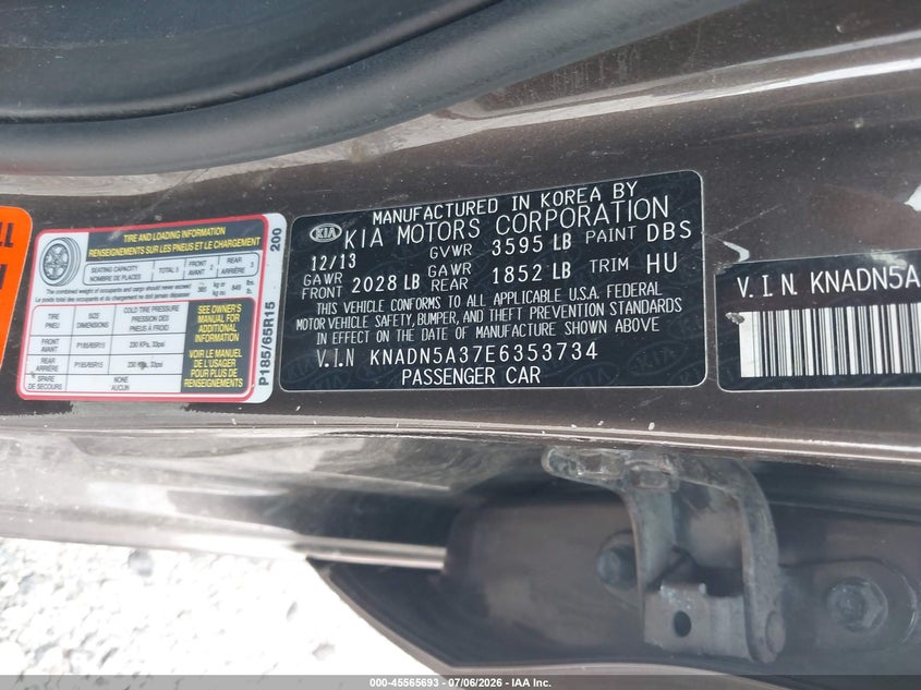 2014 Kia Rio VIN KNADN5A37E6353734 IAAI salvage auction — NORMAL WEAR, Original (Ohio), sold $250 on 2026-07-28 (photo 9)