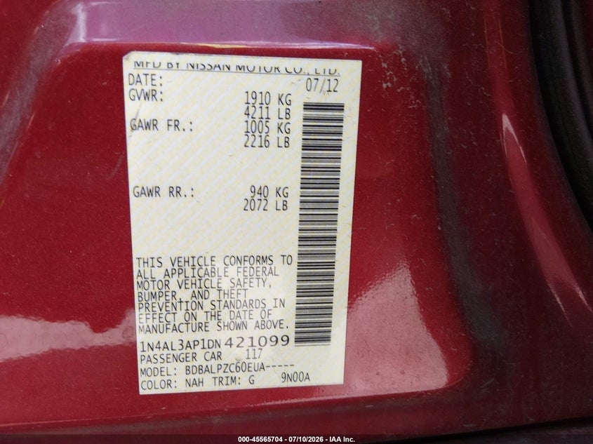 2013 Nissan Altima VIN 1N4AL3AP1DN421099 IAAI salvage auction — SIDE, Salvage (Texas), sold $525 on 2026-07-18 (photo 9)