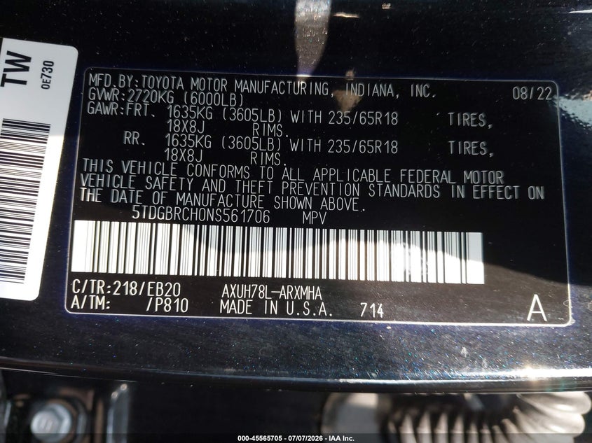 2022 Toyota Highlander VIN 5TDGBRCH0NS561706 IAAI salvage auction — REAR END, Salvage (Kentucky), sold $13,000 on 2026-07-31 (photo 9)