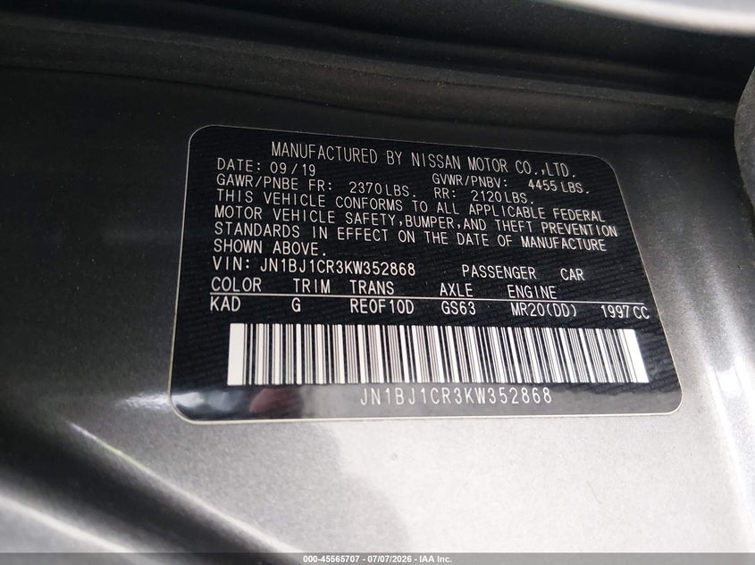 2019 Nissan Rogue VIN JN1BJ1CR3KW352868 IAAI salvage auction — FRONT & REAR, Salvage (Tennessee), sold $3,100 on 2026-07-19 (photo 9)
