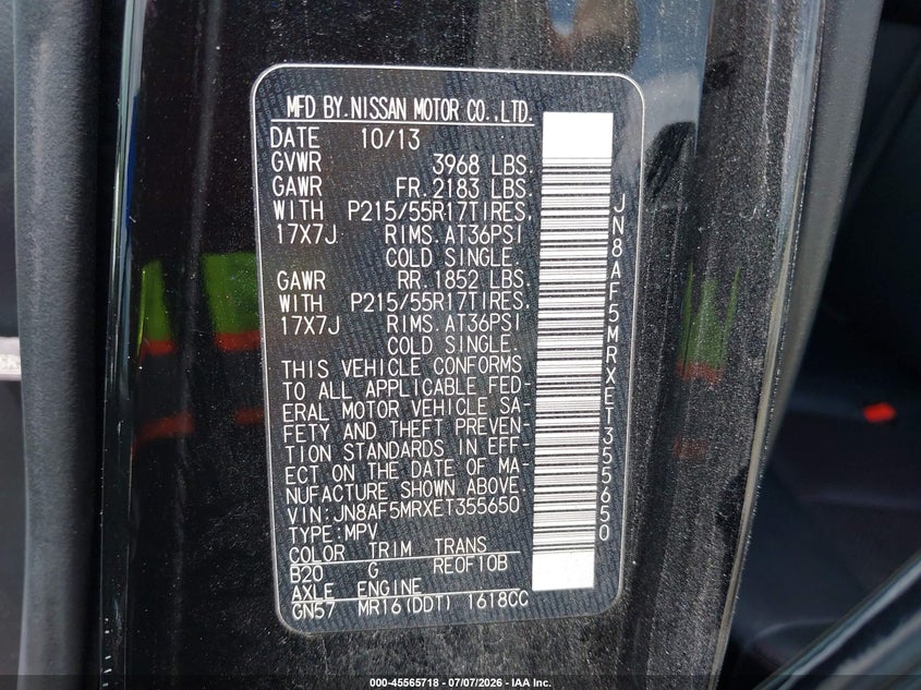 2014 Nissan Juke VIN JN8AF5MRXET355650 IAAI salvage auction — FRONT END, Rebuildable (Florida), sold $375 on 2026-07-16 (photo 9)