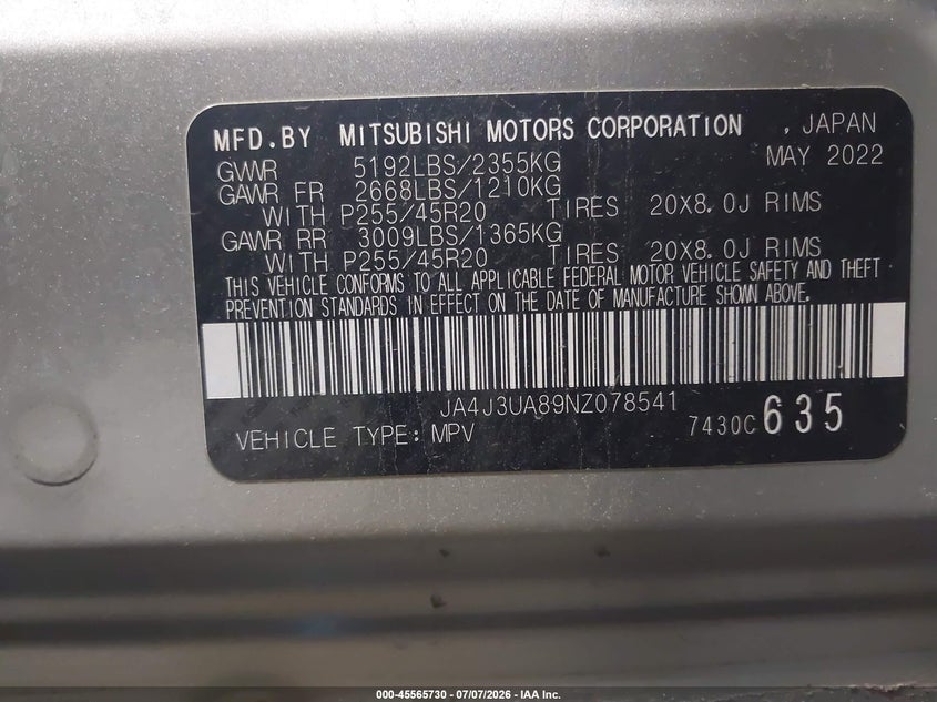 2022 Mitsubishi Outlander VIN JA4J3UA89NZ078541 IAAI salvage auction — REAR END, Salvage (Idaho), sold $5,100 on 2026-08-23 (photo 9)