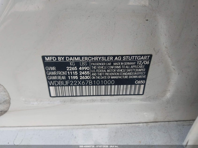 2007 Mercedes-benz E-class VIN WDBUF22X67B101000 IAAI salvage auction — NORMAL WEAR, Clear (Georgia), sold $525 on 2026-07-14 (photo 9)