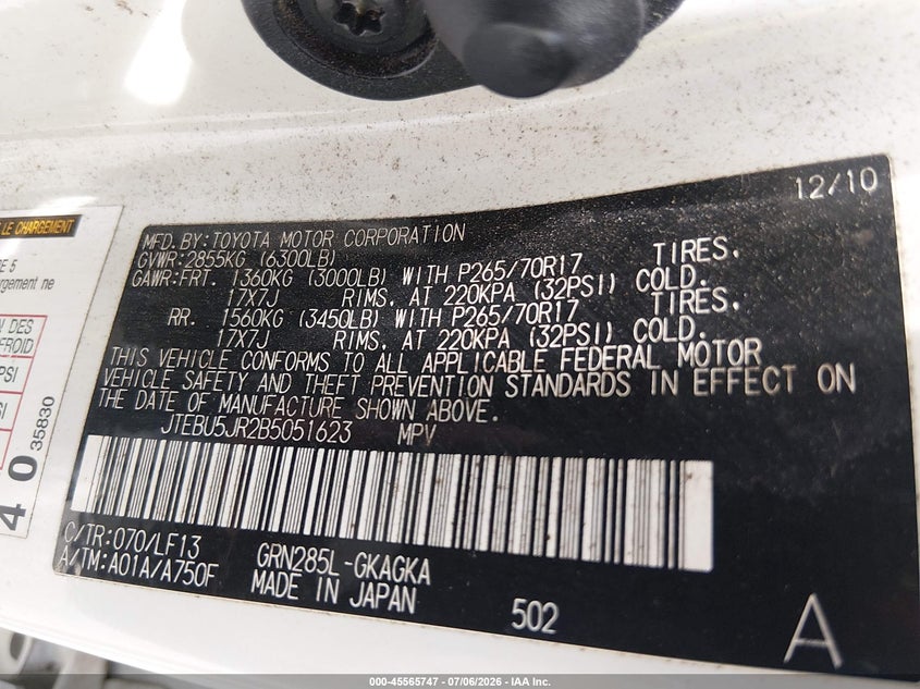 2011 Toyota 4runner VIN JTEBU5JR2B5051623 IAAI salvage auction — NORMAL WEAR, Clear (Tennessee), sold $9,175 on 2026-07-09 (photo 9)