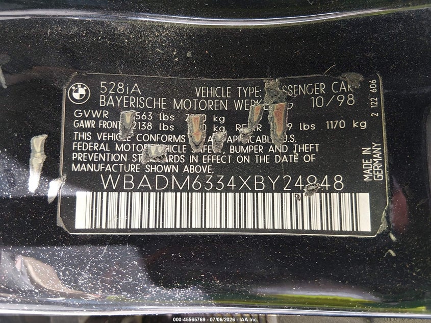 1999 BMW 5 series VIN WBADM6334XBY24948 IAAI salvage auction — NORMAL WEAR, Clear (Nevada), sold $125 on 2026-07-24 (photo 9)