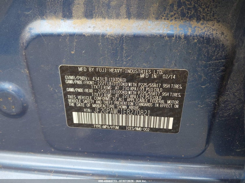 2014 Subaru Xv VIN JF2GPAWC1E8270821 IAAI salvage auction — FRONT END, Mv-907A (New York), sold $25 on 2026-07-28 (photo 9)