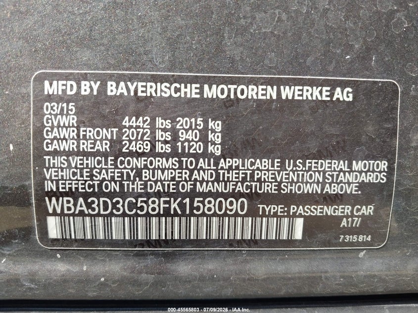 2015 BMW 3er VIN WBA3D3C58FK158090 IAAI salvage auction — REAR END, Salvage Title, sold $5,050 on 2026-08-06 (photo 9)
