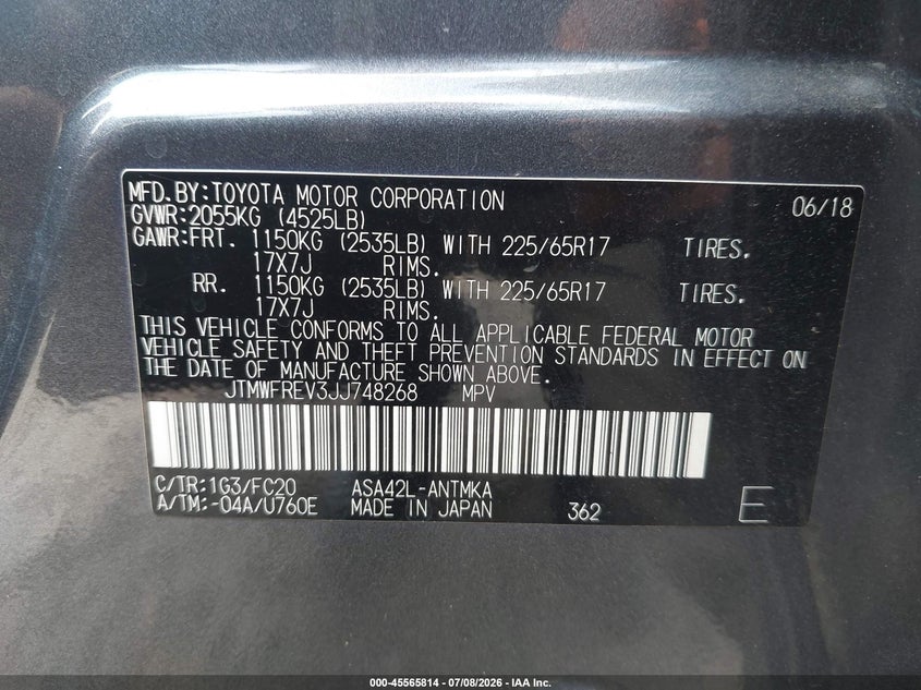 2018 Toyota Rav4 VIN JTMWFREV3JJ748268 IAAI salvage auction — NORMAL WEAR, Repossession Paperwork (Georgia), sold $4,550 on 2026-07-23 (photo 9)