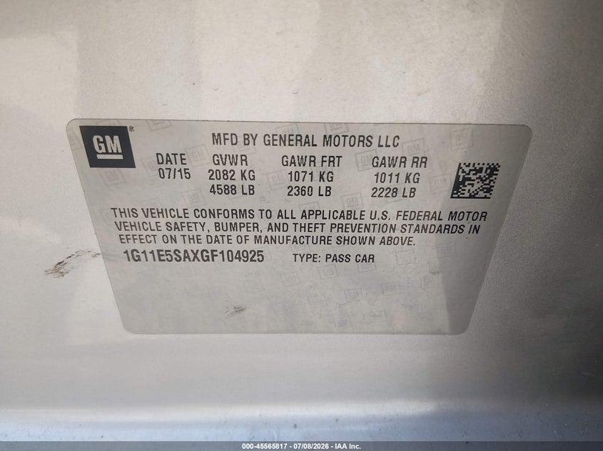 2016 Chevrolet Malibu VIN 1G11E5SAXGF104925 IAAI salvage auction — UNKNOWN, Certificate Of Title (Nebraska), sold $475 on 2026-07-12 (photo 9)