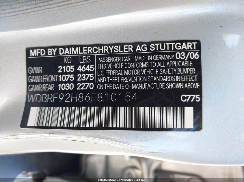 2006 Mercedes-benz C class VIN WDBRF92H86F810154 IAAI salvage auction — NORMAL WEAR, Rebuilt-Non-Public (Washington), sold $425 on 2026-07-29 (photo 9)
