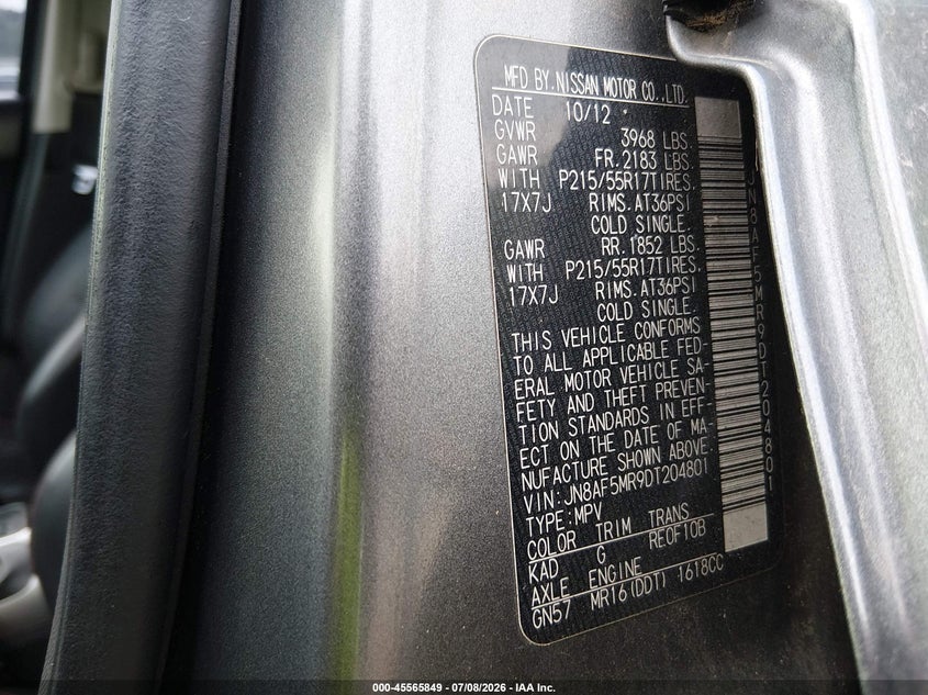 2013 Nissan Juke VIN JN8AF5MR9DT204801 IAAI salvage auction — NORMAL WEAR, Clear (Tennessee), sold $400 on 2026-07-29 (photo 9)