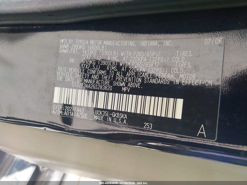 2006 Toyota Sequoia VIN 5TDZT34A26S283820 IAAI salvage auction — NORMAL WEAR, Clear - Dealer Only (California), sold $725 on 2026-07-18 (photo 9)