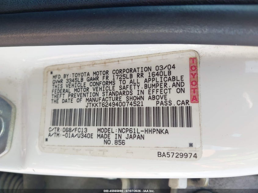 2004 Scion Xa VIN JTKKT624940074521 IAAI salvage auction — SIDE, Salvage (Mississippi), sold $250 on 2026-09-09 (photo 9)