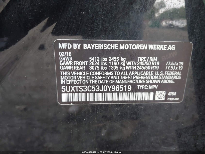 2018 BMW X3 VIN 5UXTS3C53J0Y96519 IAAI salvage auction — REAR END, Salvage (Idaho), sold $9,800 on 2026-07-31 (photo 9)