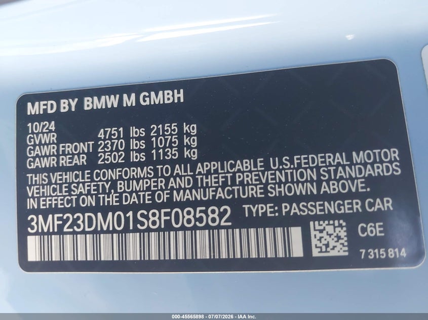 2025 BMW M2 VIN 3MF23DM01S8F08582 IAAI salvage auction — FRONT END, Salvage (California), sold $48,600 on 2026-07-27 (photo 9)