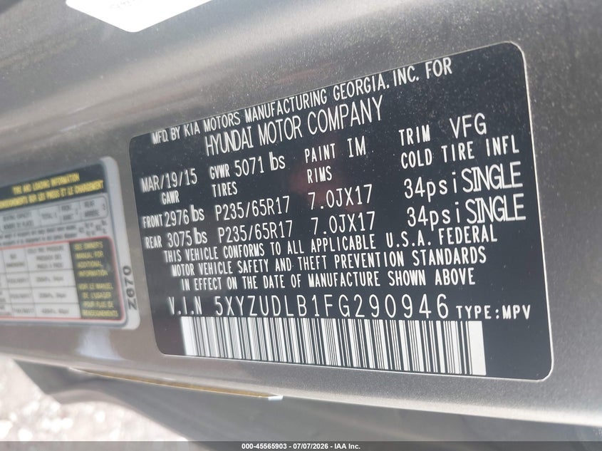 2015 Hyundai Santa fe VIN 5XYZUDLB1FG290946 IAAI salvage auction — SIDE, Salvage (Pennsylvania), sold $1,850 on 2026-07-24 (photo 9)