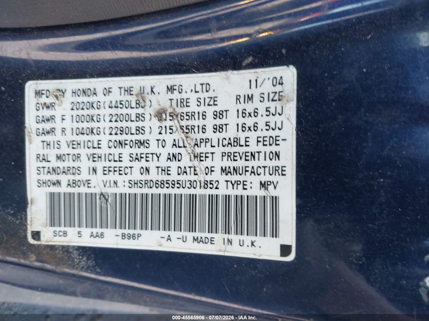2005 Honda Cr-v VIN SHSRD68595U301852 IAAI salvage auction — NORMAL WEAR, Clear (Georgia), sold $525 on 2026-07-29 (photo 9)