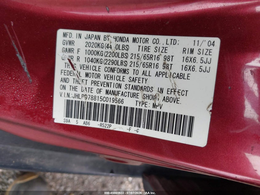 2005 Honda Cr-v VIN JHLRD78815C019566 IAAI salvage auction — NORMAL WEAR, Clear (New York), sold $900 on 2026-07-14 (photo 9)