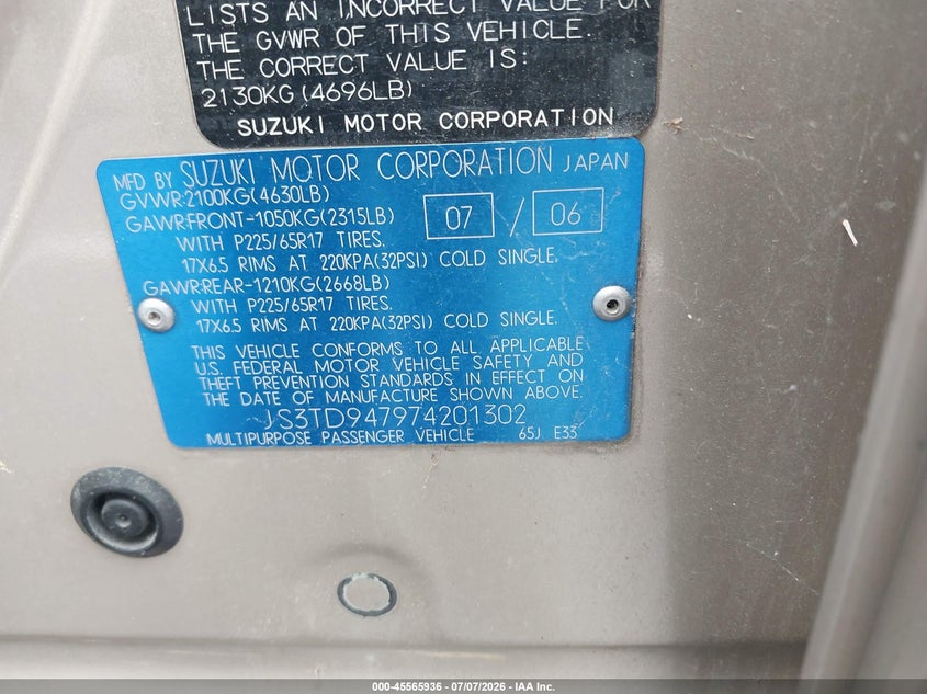 2007 Suzuki Grand vitara VIN JS3TD947974201302 IAAI salvage auction — NORMAL WEAR, Clear (Tennessee), sold $575 on 2026-07-14 (photo 9)