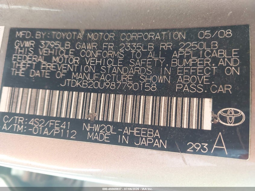 2008 Toyota Prius VIN JTDKB20U987790158 IAAI salvage auction — NORMAL WEAR, Clear - Dealer Only (California), sold $500 on 2026-07-28 (photo 9)