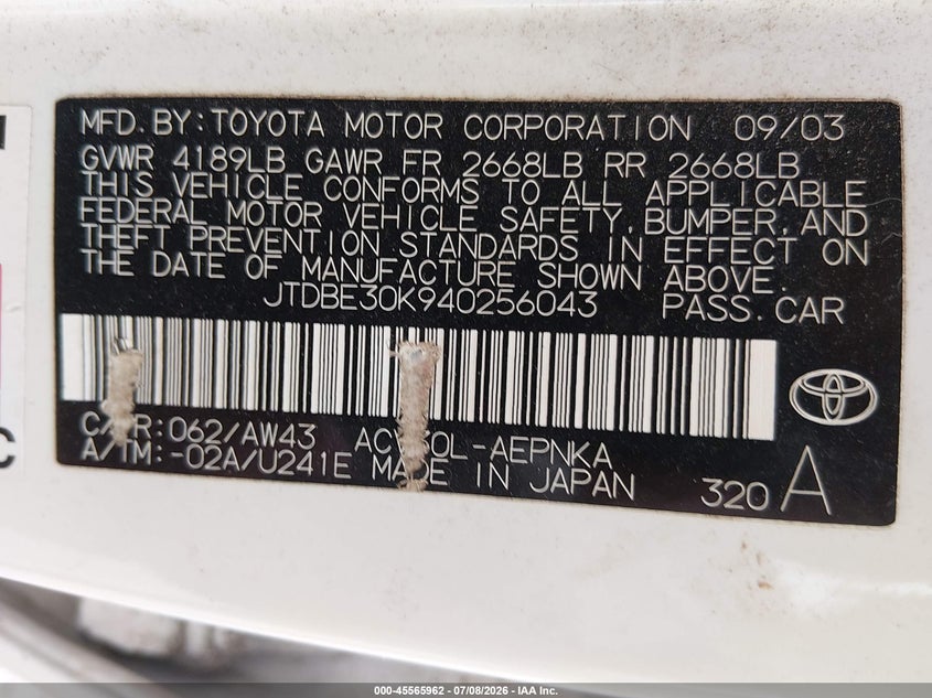 2004 Toyota Camry VIN JTDBE30K940256043 IAAI salvage auction — NORMAL WEAR, Clear (Kansas), sold $400 on 2026-07-31 (photo 9)
