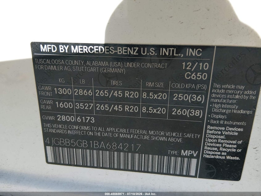 2011 Mercedes-benz Ml-class VIN 4JGBB5GB1BA684217 IAAI salvage auction — RIGHT SIDE, Original (Texas), sold $25 on 2026-08-12 (photo 9)