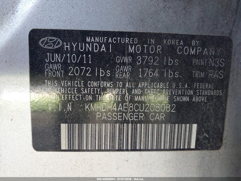 2012 Hyundai Elantra VIN KMHDH4AE8CU208082 IAAI salvage auction — NORMAL WEAR, Clear (Georgia), sold $875 on 2026-07-10 (photo 9)