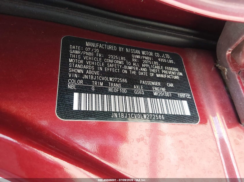 2020 Nissan Rogue VIN JN1BJ1CV0LW272586 IAAI salvage auction — REAR END, Salvage Title, sold $3,700 on 2026-07-30 (photo 9)