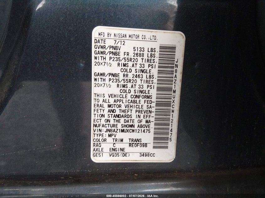 2012 Nissan Murano VIN JN8AZ1MUXCW121475 IAAI salvage auction — NORMAL WEAR, Clear (Alabama), sold $250 on 2026-07-13 (photo 9)