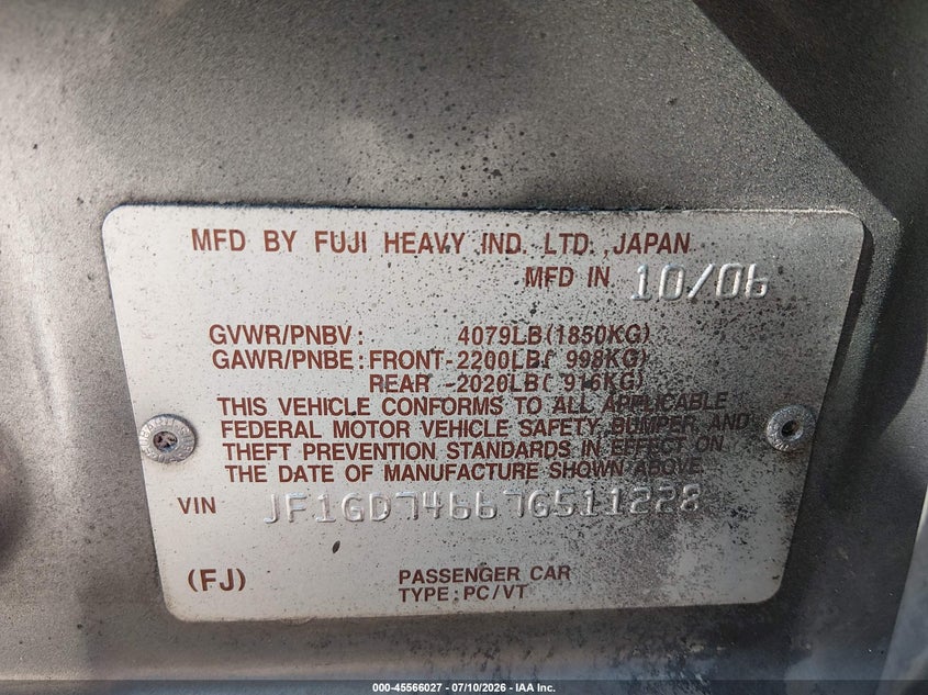 2007 Subaru Impreza VIN JF1GD74667G511228 IAAI salvage auction — SIDE, Salvage (North Carolina), sold $800 on 2026-07-22 (photo 9)