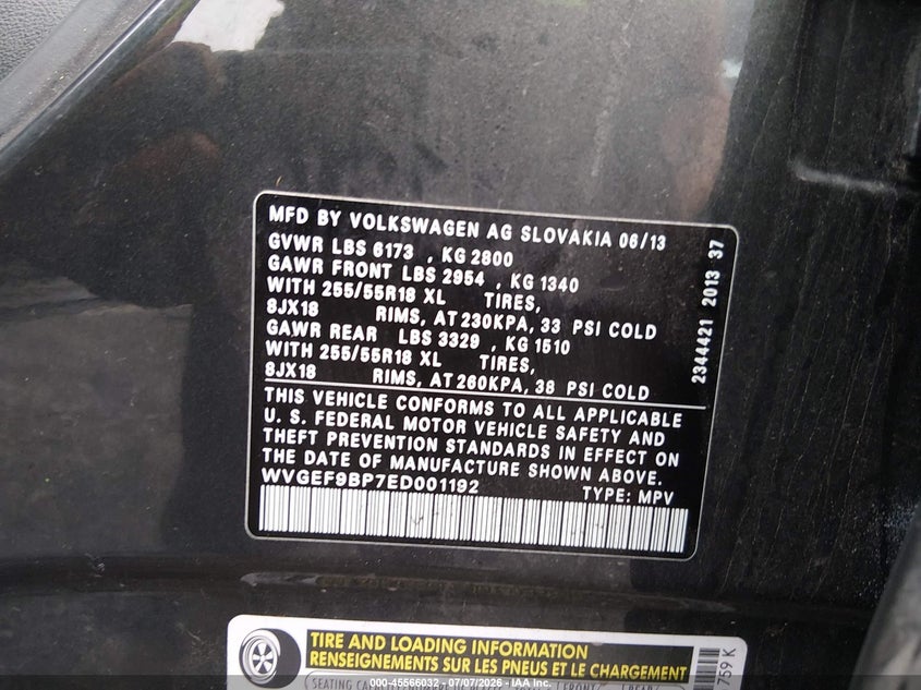 2014 Volkswagen Touareg VIN WVGEF9BP7ED001192 IAAI salvage auction — STORM DAMAGE, Salvage (Pennsylvania), sold $1,300 on 2026-08-11 (photo 9)