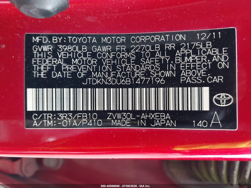 2011 Toyota Prius VIN JTDKN3DU6B1477196 IAAI salvage auction — RIGHT FRONT, Bill Of Sale (Washington), sold $1,050 on 2026-07-29 (photo 9)
