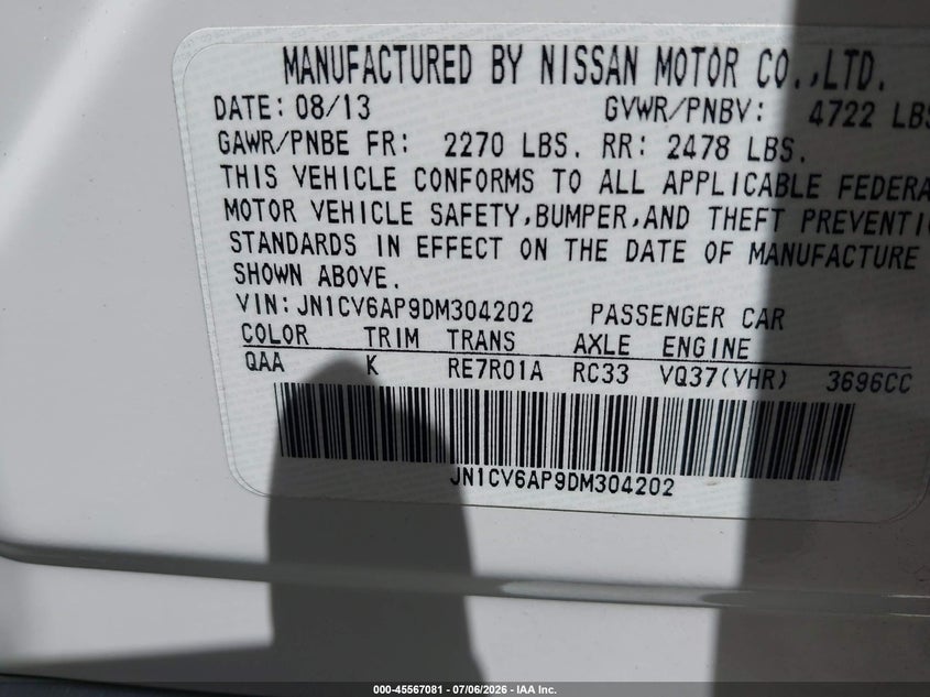 2013 Infiniti G VIN JN1CV6AP9DM304202 IAAI salvage auction — REAR END, Salvage Title, sold $5,150 on 2026-07-16 (photo 9)
