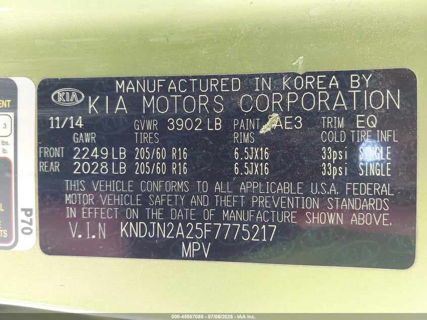 2015 Kia Soul VIN KNDJN2A25F7775217 IAAI salvage auction — NORMAL WEAR, Original (Texas), sold $725 on 2026-07-29 (photo 9)
