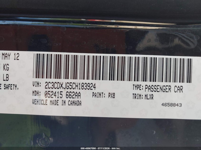 2012 Dodge Charger VIN 2C3CDXJG5CH183924 IAAI salvage auction — REAR END, Salvage (Kansas), sold $600 on 2026-07-31 (photo 9)