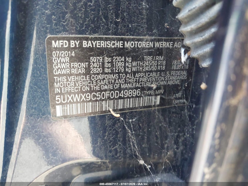 2015 BMW X3 VIN 5UXWX9C50F0D49896 IAAI salvage auction — NORMAL WEAR, Clear (Michigan), sold $675 on 2026-07-27 (photo 9)