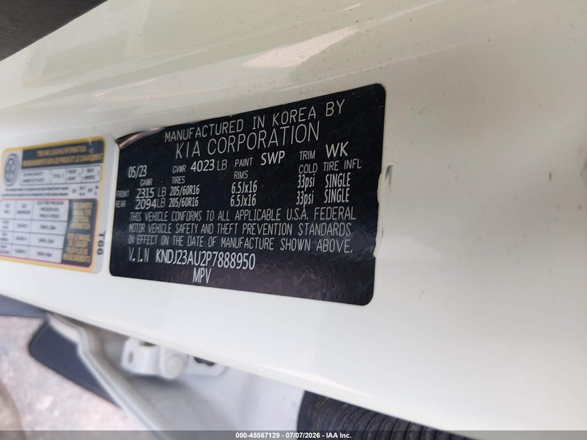 2023 Kia Soul VIN KNDJ23AU2P7888950 IAAI salvage auction — NORMAL WEAR, Enterprise Vehicles Clear Only (Washington), sold $8,800 on 2026-07-14 (photo 9)