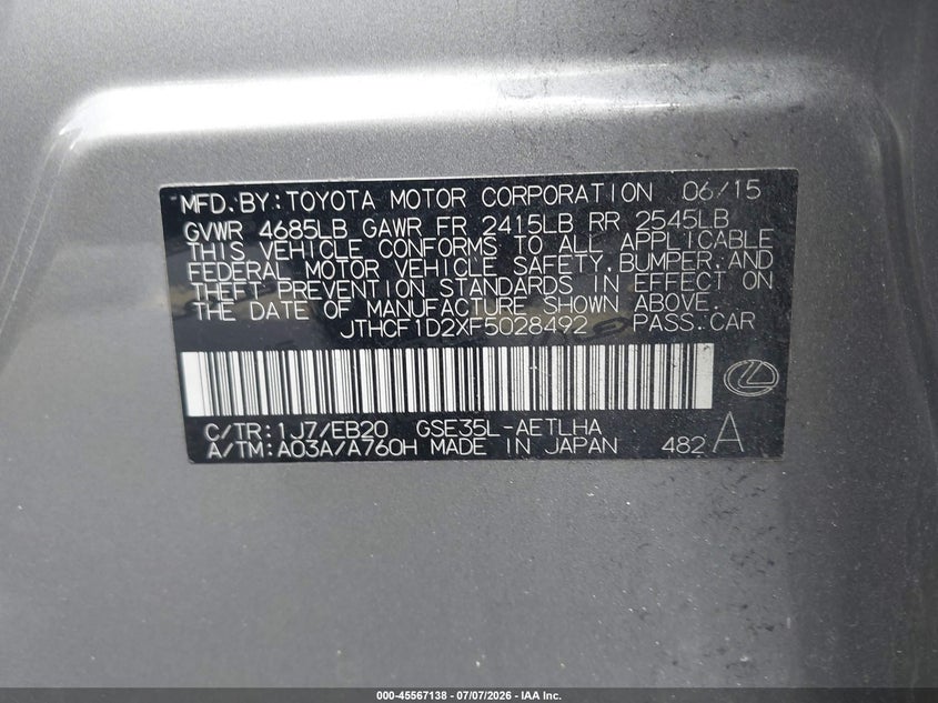2015 Lexus Is VIN JTHCF1D2XF5028492 IAAI salvage auction — SIDE, Rebuildable (Florida), sold $25 on 2026-07-30 (photo 9)