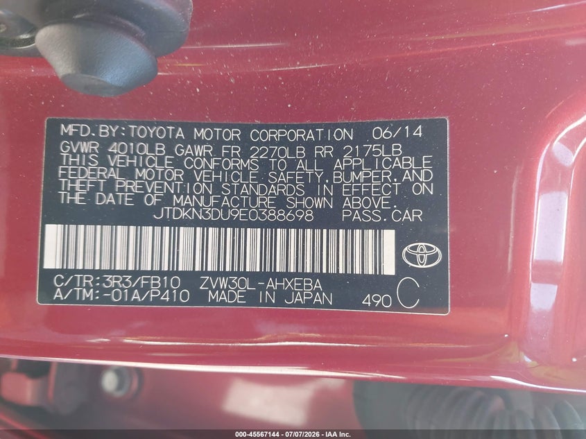 2014 Toyota Prius VIN JTDKN3DU9E0388698 IAAI salvage auction — FRONT END, Salvage (California), sold $1,875 on 2026-07-14 (photo 9)